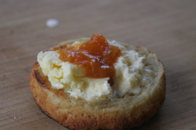 Homemade Crumpets with Clotted Cream and Blenheim Apricot Preserves