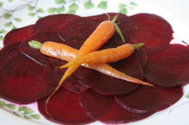 Bed of Thinly Sliced Roasted Beets and Real Baby Carrots