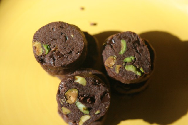 Three Stacks of Chocolate Pistachio Cookies