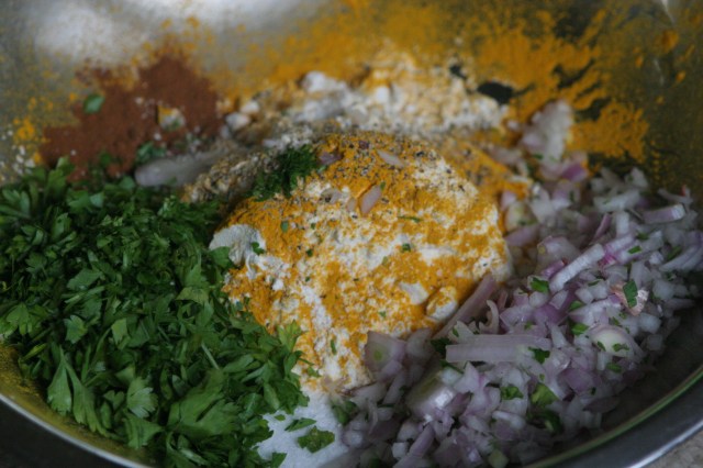 Turmeric, cilantro, shallots, cumin, cinamon, salt, and flour