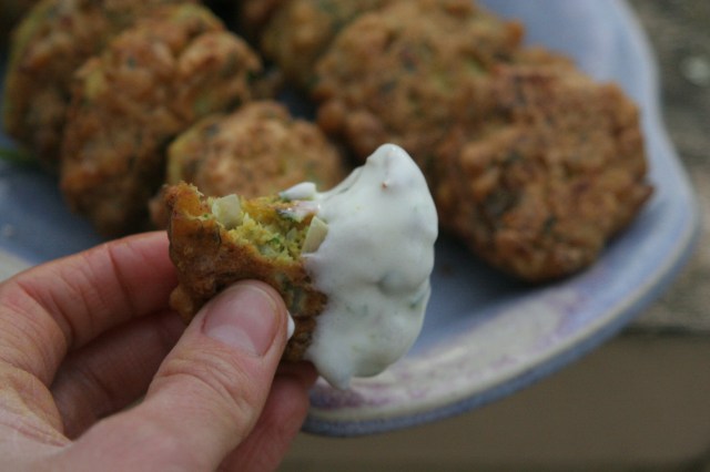 Disappearing Cauliflower Fritter dipped in Yougurt-Lime Sauce