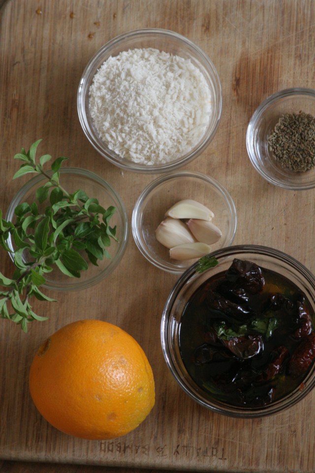 Organic orange, homemade sundried tomatoes, oregano, garlic, fennel seed, and breadcrumbs