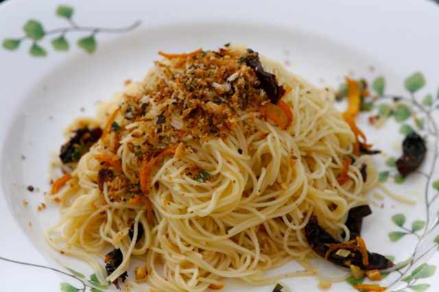 Pasta with homemade sundried tomatoes, orange zest, breadcrumbs, and fresh oregano