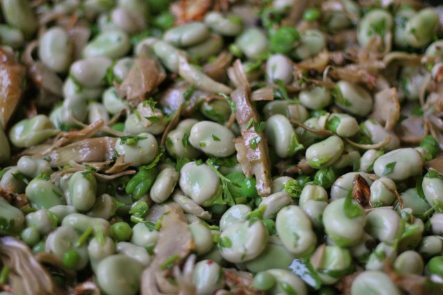 Spring fava, pea, artichoke salad with garden herbs