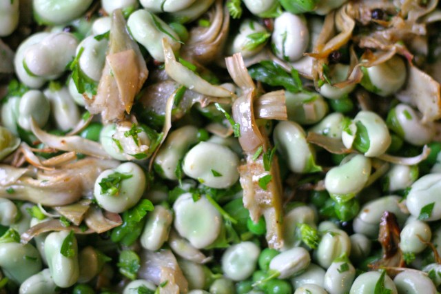 Favas, peas, and artichockes with peppercorns, thyme, and parsley