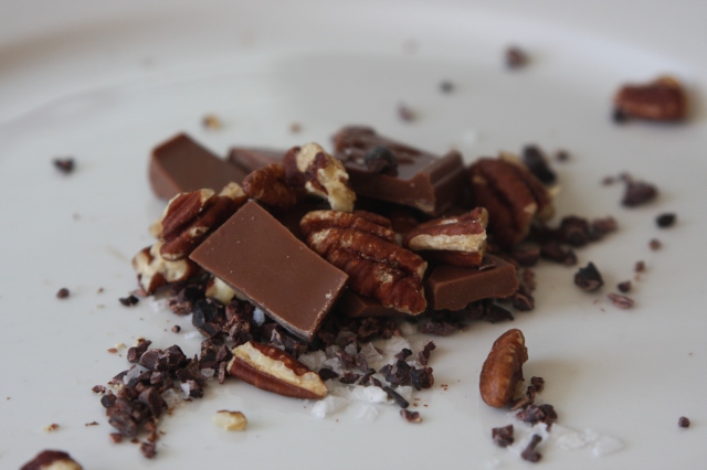 Milk chocolate, cacao nibs, toasted pecans, and fleur de sel